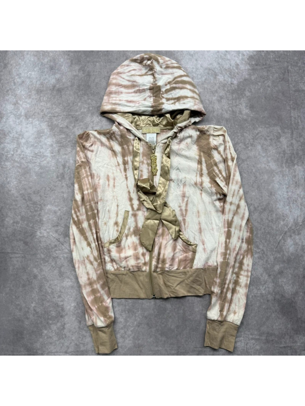 Vintage Y2K Baby Phat Tie Dye Tan Rhinestone Zip Hoodie Gold Satin Bow Medium